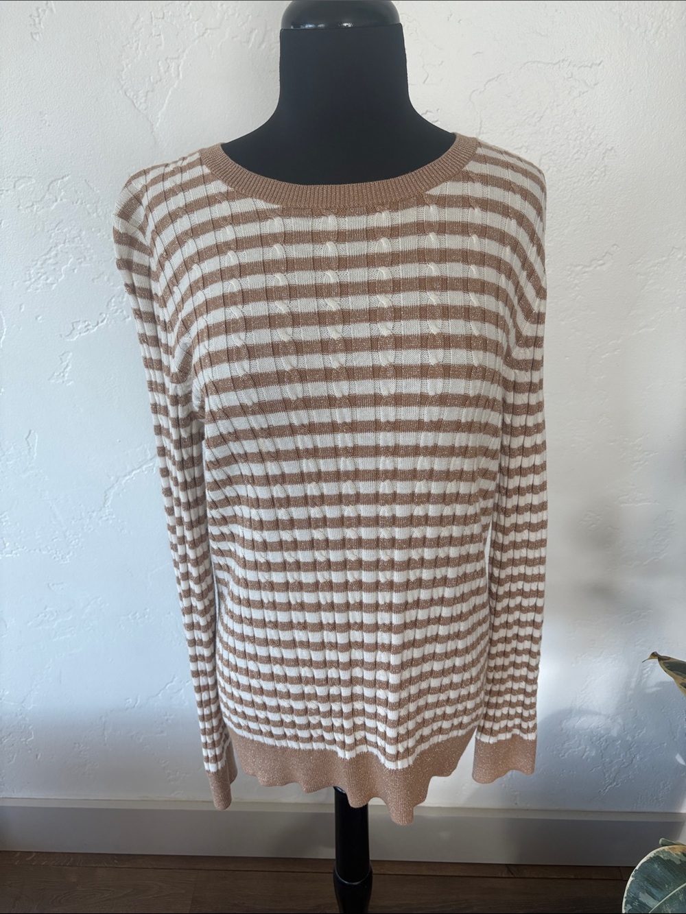 Talbots Cream & Gold Striped Crewneck Sweater